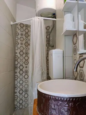 a bathroom with a tub and a shower curtain at Zemun Riverside in Zemun