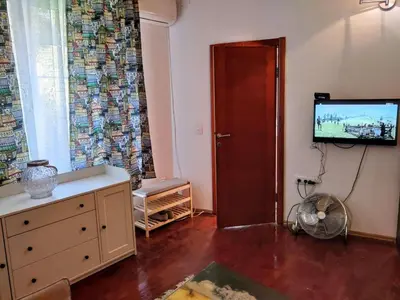 a living room with a tv and a red door at Zemun Riverside in Zemun