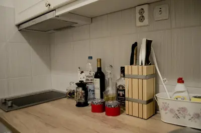a kitchen counter with bottles of alcohol on it at Classy and cozy near Tasmajdan park and Flower Piazza in Belgrade