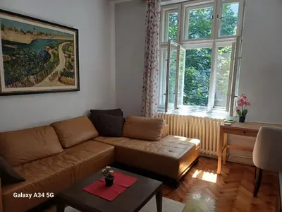 a living room with a couch and a window at Classy and cozy near Tasmajdan park and Flower Piazza in Belgrade