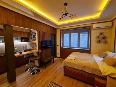 a bedroom with a bed and a desk in it at Apartment Despot in Belgrade