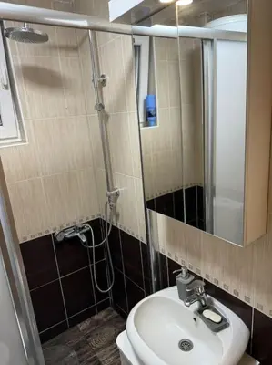 a bathroom with a shower and a toilet and a sink at Caravaggio Apartman in Mladenovac