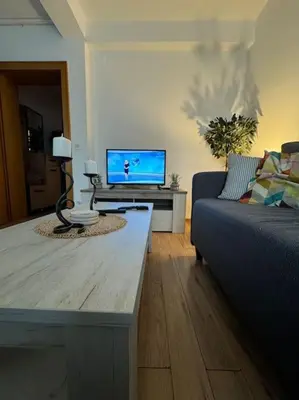 a living room with a couch and a tv at Caravaggio Apartman in Mladenovac
