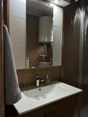 a bathroom with a sink and a mirror at Apartmani Djordjevic in Belgrade