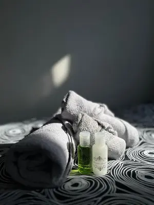 a towel and two bottles of soap on a bed at Apartmani Djordjevic in Belgrade