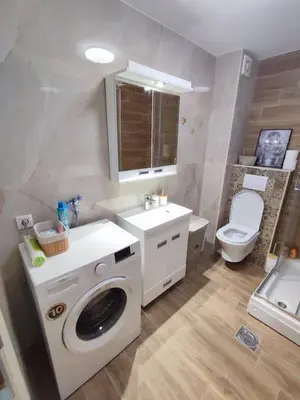 a bathroom with a washing machine and a sink at Golden dream apartman in Pančevo
