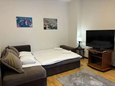 a living room with a couch and a flat screen tv at Belgrade Center Apartment Studio in Belgrade