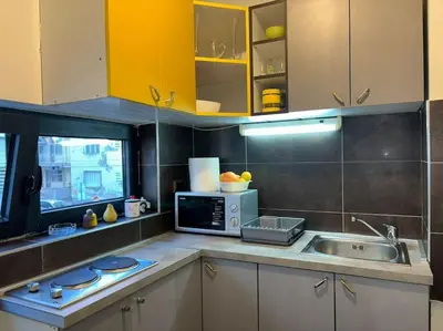 a kitchen with a sink and a microwave at Belgrade Center Apartment Studio in Belgrade