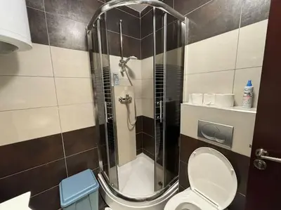 a bathroom with a shower with a toilet in it at Belgrade Center Apartment Studio in Belgrade