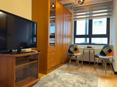 a living room with a flat screen tv and two chairs at Belgrade Center Apartment Studio in Belgrade