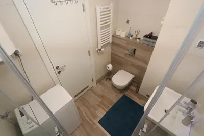 a small bathroom with a toilet and a shower at Savada Delta City - stan na dan Novi Beograd in Belgrade