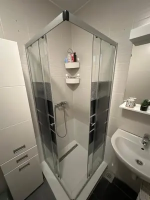 a shower stall in a bathroom with a sink at Angela apartment with 2 balconies in Belgrade