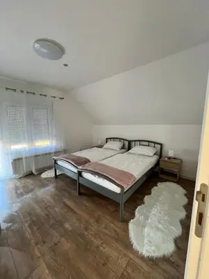 a bedroom with a bed and a white rug at Villa Ana - Charming Appartments in Belgrade