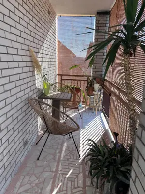a patio with a table and chairs and a palm tree at Villa Ana - Charming Appartments in Belgrade