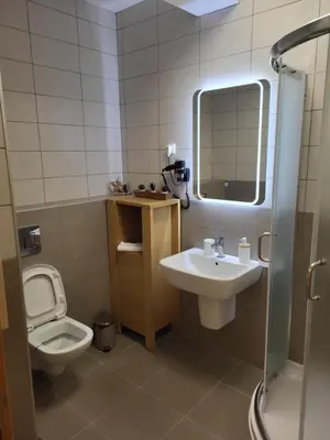 a bathroom with a sink and a toilet and a mirror at BNB Apartments LUX in Belgrade