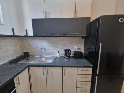 a kitchen with a sink and a black refrigerator at EMILY LUX Apartment Belgrade, Center in Belgrade