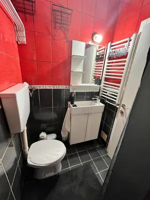 a bathroom with a white toilet and a red wall at Apartman Kutak in Belgrade