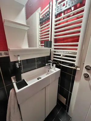a bathroom with a white sink and a mirror at Apartman Kutak in Belgrade