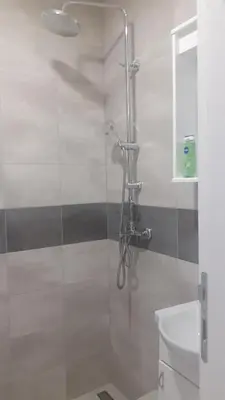 a shower with a glass door next to a toilet at Komforna Soba U Centru #3 in Mladenovac