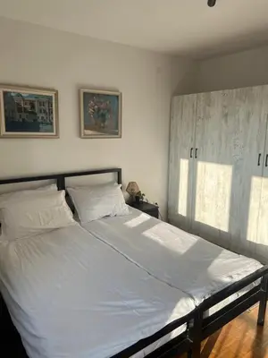 a large bed in a bedroom with two windows at Oasis Residences B in Belgrade