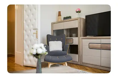 a living room with a chair and a tv at Luxury Apartment 8 in Belgrade