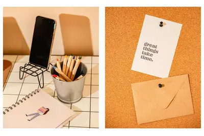 a desk with a cup of pencils and a clipboard at Play Cloud with Cinema & Foosball Old Town Heart in Belgrade