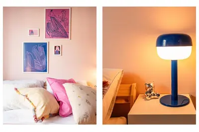 two pictures of a bedroom with a bed and a lamp at Play Cloud with Cinema & Foosball Old Town Heart in Belgrade