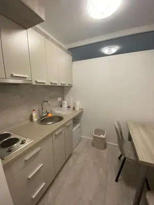 a small kitchen with a sink and a table at Vist 2 apartment in Tošin Bunar