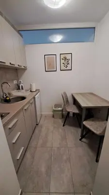 a kitchen with a table and a table and chairs at Vist 2 apartment in Tošin Bunar
