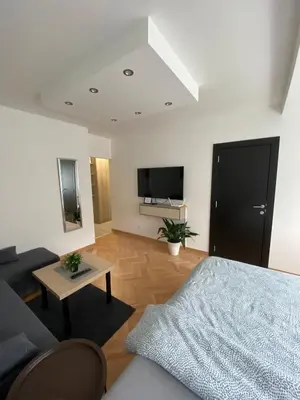 a living room with a bed and a tv at Vist 2 apartment in Tošin Bunar