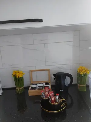 a kitchen counter with a stove and two vases at Stan na dan PREMIUM 1 Obrenovac in Obrenovac