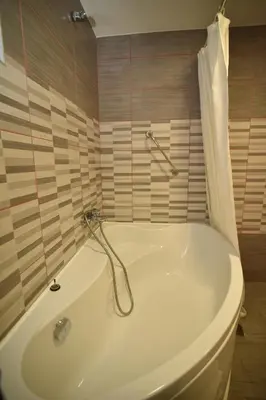a bathroom with a tub with a shower curtain at Apartments DANI in Skorenovac