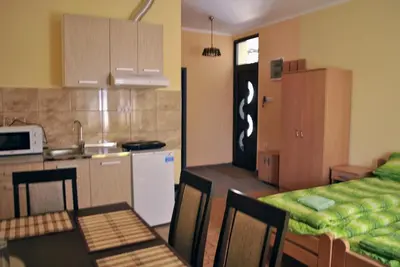 a kitchen and dining room with a table and chairs and a kitchen and a kitchen at Apartments DANI in Skorenovac