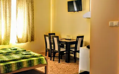 a room with a bed and a table and chairs at Apartments DANI in Skorenovac