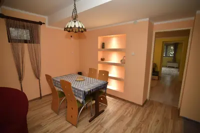 a dining room with a table and chairs at Apartments DANI in Skorenovac
