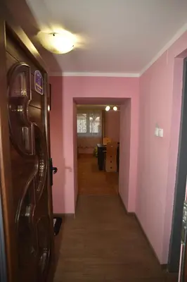 a hallway with pink walls and a wooden door at Apartments DANI in Skorenovac