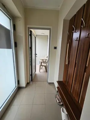 a hallway with a door and a chair in a room at Prenoćište Lana 2 in Novi Banovci