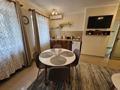 a kitchen with a table and chairs in a room at Prenoćište Lana 2 in Novi Banovci