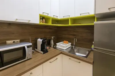 a kitchen with a sink and a microwave at 3 BDR for 6 CENTER CLOSE TO NATIONAL MUSEUM in Belgrade