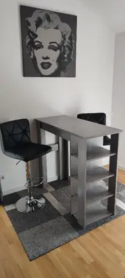 a desk with a chair and a picture of a woman at apartman Elena in Zemun