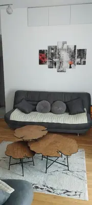 a living room with a couch and a table at apartman Elena in Zemun