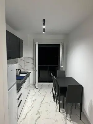 a kitchen and dining room with a table and chairs at Apartman Katarina in Pančevo