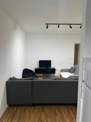 a living room with a gray couch and a computer at Apartman Katarina in Pančevo