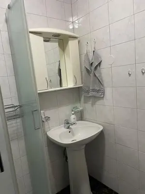 a white bathroom with a sink and a mirror at Arena 23 in Novi Beograd