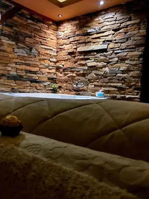 a living room with a stone wall and a couch at Stone Spa Apartman in Sremčica