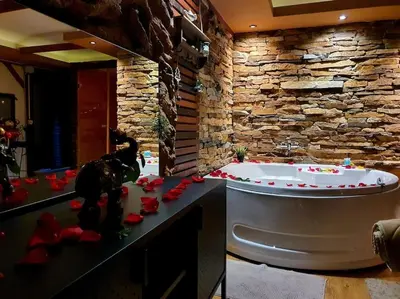 a bathroom with a tub and a stone wall at Stone Spa Apartman in Sremčica
