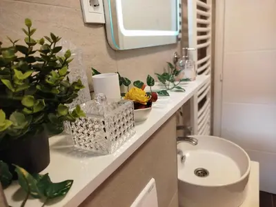 a bathroom counter with a sink and a mirror at Apartman Alfa in Smederevo