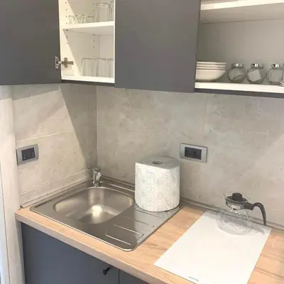 a kitchen with a sink and a counter top at Apartman Vojvoda in Sajmište