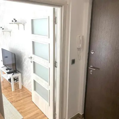 a door to a room with a television and a desk at Apartman Vojvoda in Sajmište