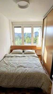 a bedroom with a bed and two windows at Apartment 10 in Belgrade